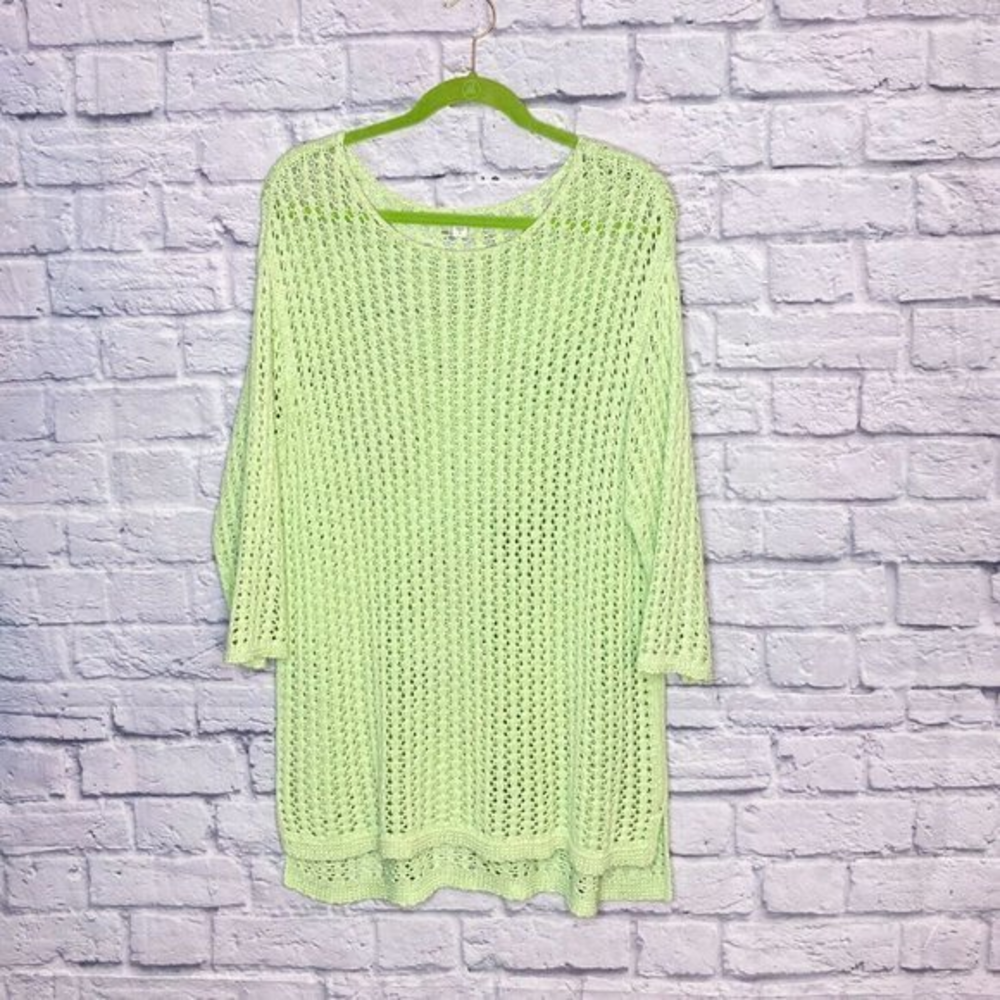 J.‎ Jill Medium M Green Open Knit Cotton Blend Hi Low Hem Pullover Tunic Sweater